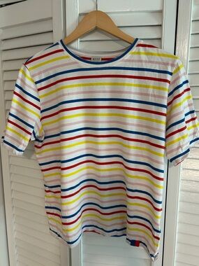 KULE White Tee with Red, Blue, Yellow & Pink Stripes